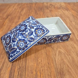 Vintage rechteckig Keramik blau & weiß vergoldet dekorativ Deckel Schmuck Schale - Bild 1 von 15