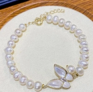 Beautiful AAA 9-10mm Akoya White  baroque Pearl Bracelet 14k Size Adjustab - Picture 1 of 6