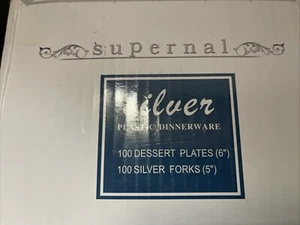 Supernal 100pcs Clear Dessert Plates w/ 100pcs Silver Dessert Forks. New In Box. - Picture 1 of 4