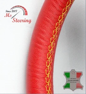 FOR GENESIS G80 18-18 RED LEATHER STEERING WHEEL COVER, YELLOW 2 STIT - Picture 1 of 10