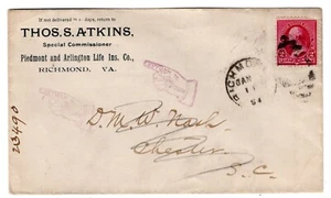 1894 Richmond VA to Chester SC (Reverse) Returned Pointing Hand - Picture 1 of 2