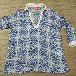 Isaac Mizrahi New York Blue White Linen Tunic Top Floral Damask Print V-Neck M - Picture 1 of 8