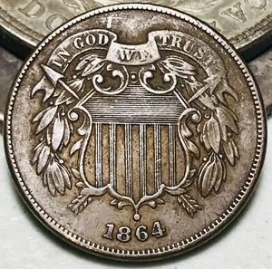 1864 Two Cent Piece 2C Civil War Date Large Motto US Copper Coin CC25455 - Picture 1 of 4
