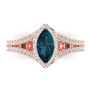 1.2Ct Marquise Cut Natural London Blue Topaz Halo Engagement Ring, 14K Rose Gold - Picture 1 of 11