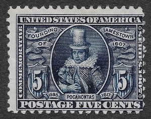 US Scott #330 Unused Hinged Jamestown Expo Issue 5c Blue Pocahontas SCV $140 - Picture 1 of 2