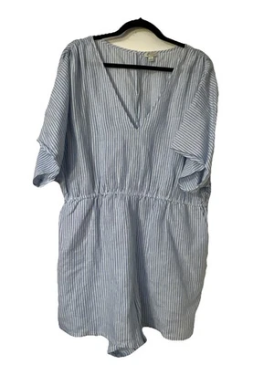 Mameluco J.Crew Azul Blanco Algodón-Lino Rayas Cuello en V Ropa de Playa Talla XL Bolsillo Foto 1 de 4