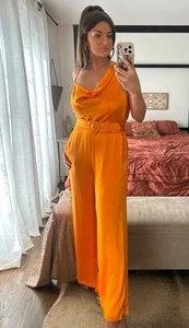 Nicholas Size 10 100% Silk Vibrant Orange Jumpsuit Pockets Belted Wide Leg - Picture 1 of 9