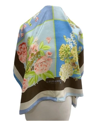 S47#Leonard Paris Bufanda de Seda Azul Estampado Floral Hecho en Italia Tiene Estenope y Mancha Foto 1 de 4