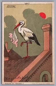 Resting Storks Series No. 13 Baby Delivery UDB Postcard M7 - Bild 1 von 3