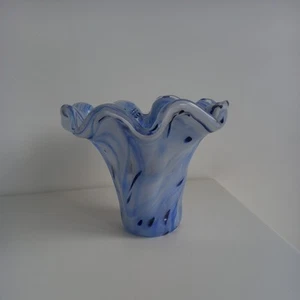 Murano Style Art Glass Vase Blue and White Dots Swirls Ruffled Top New - Picture 1 of 4