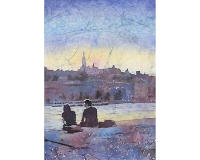 Budapest skyline castle watercolor batik painting colorful sunset decor (print) - Image 1 of 4
