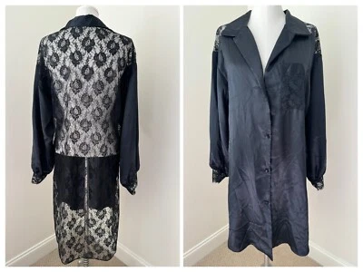 Lily of France 睡衣 L 礼服纽扣黑色缎面透明蕾丝背面 62099 复古美国 — 第 1/4 张图片