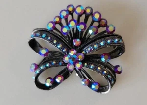 Vintage Aurora Borealis Starburst Red Purple Silver Bow Brooch Estate Jewelry - Picture 1 of 5