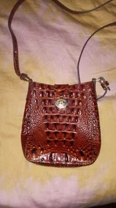 Brahmin Pecan Leather Crossbody Handbag Purse Croc Embossed w Pockets Gold Tone - Picture 1 of 5