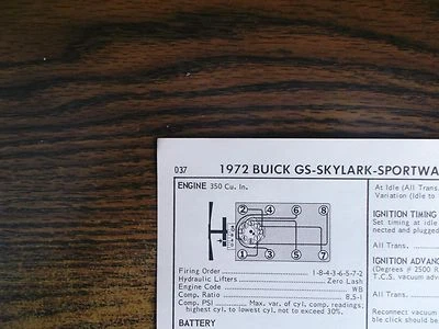 1972 Buick & GS EIGHT Series Models 175, 180 & 190HP 350 CI V8 Tune Up Chart - Imagem 1 de 4