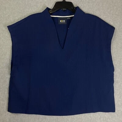 NEW Maeve Anthropologie Women's XL Shirt Navy Blue Boxy Cap Sleeve Crepe V-Neck - Image 1 of 4