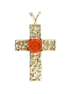 Colgante Cruz Piedras Preciosas Ópalo de Fuego Mexicano Redondo Oro Amarillo 14Kt REAL AAA 6mm Foto 1 de 3