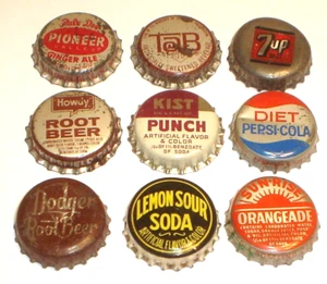 Vintage Lot of 9 Cork Lined Soda Bottle Caps Dodger Root Beer, 7up, Howdy Etc. - Picture 1 of 4