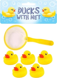 5 Mini Rubber Ducks with Fishing Net Bath Toy Paddling Pool Game Water - Picture 1 of 1