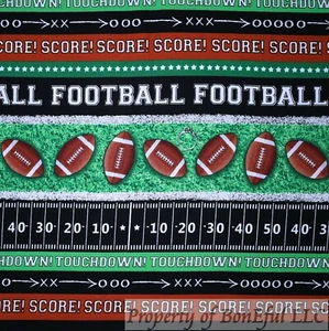 BonEful Fabric Cotton Quilt Green Brown B&W Football Sport Stripe School 1 SCRAP - Picture 1 of 13