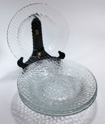 Lote de 4 tazones de sopa de vidrio transparente platos de vidrio de corte grande patrón de gofres Foto 1 de 4