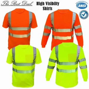 Hi-Vis High Visibility Reflective ANSI Class 3 Work Safety T Shirts Long Sleeves - Picture 1 of 12