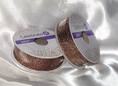 (2) CELEBRATE IT 360 7/8" ROSE GOLD GLITTER Ribbon 5 YD EACH NEW - Image 1 of 4