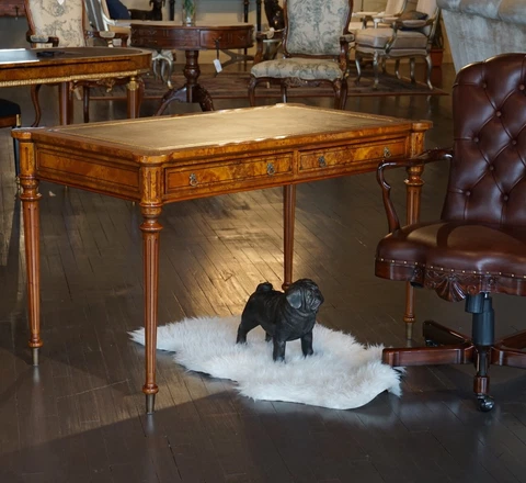 English Mahogany and Burl Writing Desk with Genuine Brown leather top Cover
