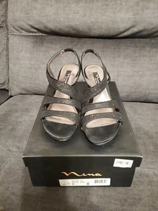 Nina New York Sz 7 Women Black Satin Glitter Strappy dress 2" Heels - Picture 1 of 10