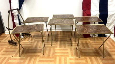 Vintage FOLDING TABLE SET w Carrier 6 parquet faux wood stand mid century modern Cover