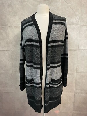 New York & Company Cardigan Womens Gray Striped Ribbed Cuff Open Front Size L Foto 1 de 4