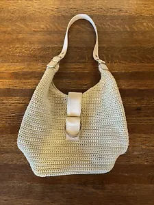 Vintage Umhängetasche gewebt gehäkelt creme beige mit Stoffriemen & Schnallenverschluss - Bild 1 von 12
