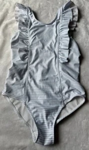 Boutique Minnow Powder Blue White Striped Ruffle Swimsuit 1pc 9/10 Girls - Picture 1 of 3