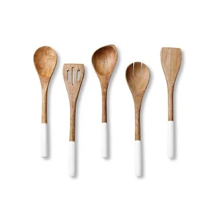 COOKING UTENSILS SET Wooden Non Stick Cookware Tools 5 Pack White FOLKULTURE New - Picture 1 of 9