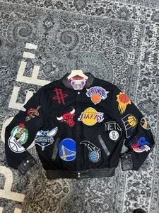 Größe L - Jeff Hamilton Official NBA Logos Wool Leather Bomber Jacket - Black - Bild 1 von 13
