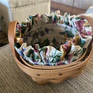 VTG 1995 Longaberger Handmade Small Woven Round Basket Protector & Floral Liner - Picture 1 of 4