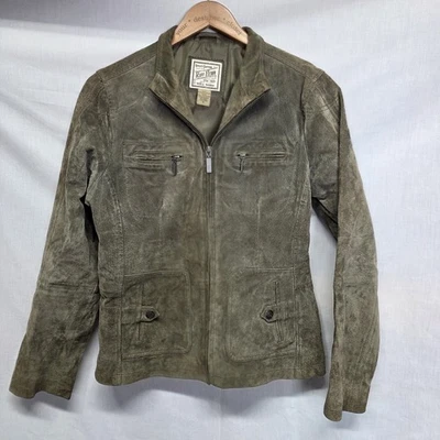 Chaqueta de cuero de gamuza tallada con volantes para mujer talla M verde musgo bolsillos con cremallera completa Y2K Foto 1 de 3