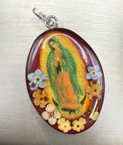 Vintage 925 Silber Mexiko Jungfrau Maria von Guadalupe Burgund gepresste Blume Anhänger - Bild 1 von 7