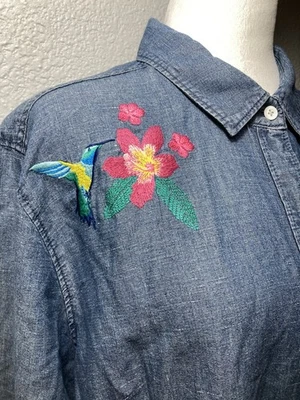 Camisa vaquera Tommy Bahama floral bordada botón pájaro mujer XL lino cambray Foto 1 de 4