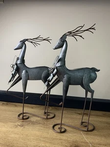 Set Of 2 Metal Deer/Reindeer Silver Color Figures Statues Jingle Bells - Picture 1 of 6