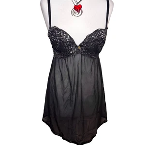 Daisy Fuentes Black Lace Sheer Babydoll Lingerie Slip Dress M Y2K Goth Glam - Picture 1 of 9