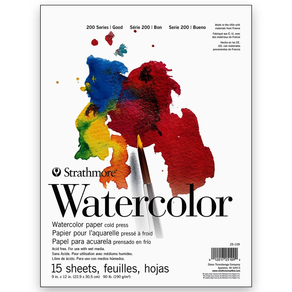 Papel de acuarela serie 200, almohadilla encuadernada con cinta, 9x12 pulgadas, 15 hojas (90 lb/190... Foto 1 de 1