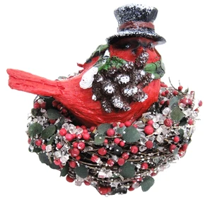 Christmas Cardinal Bird in Crystal and Red Berry Nest Top Hat Glitter - Picture 1 of 4