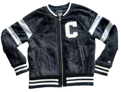 Champion Women’s Varsity Jacket Zip Up Black Silver Stripes Big C Size S Y2K - Image 1 of 4
