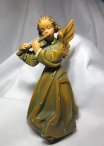 Anri Vintage Hand Carved Wood Green Angel Playing Flute 1950-60's 5.5" EUC - Picture 1 of 8