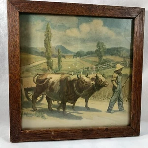 Old Vintage Country Farmhouse Print Oxen Cart Farmer w/Pole Landscape Scene - Picture 1 of 11