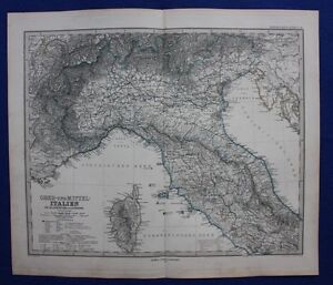 NORTH & CENTRAL ITALY, ROME, VENICE, MILAN, original antique map, Stieler 1880