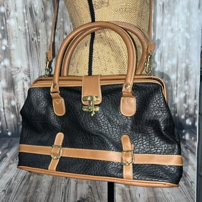 Vintage Monique Black Tan Leather Purse w Handle & Strap - Toggle Lock Closure - Image 1 of 4
