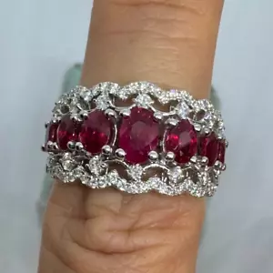 3Ct Oval Cut Lab-Created Ruby Art Deco Wedding Band Ring 14K White Gold Plated - Picture 1 of 9