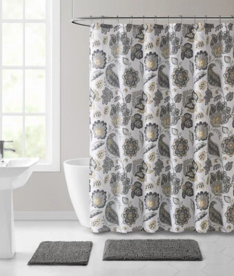 Shabby Chic Yellow & Gray Floral Paisley Fabric Shower Curtain - Standard Size - Image 1 of 2